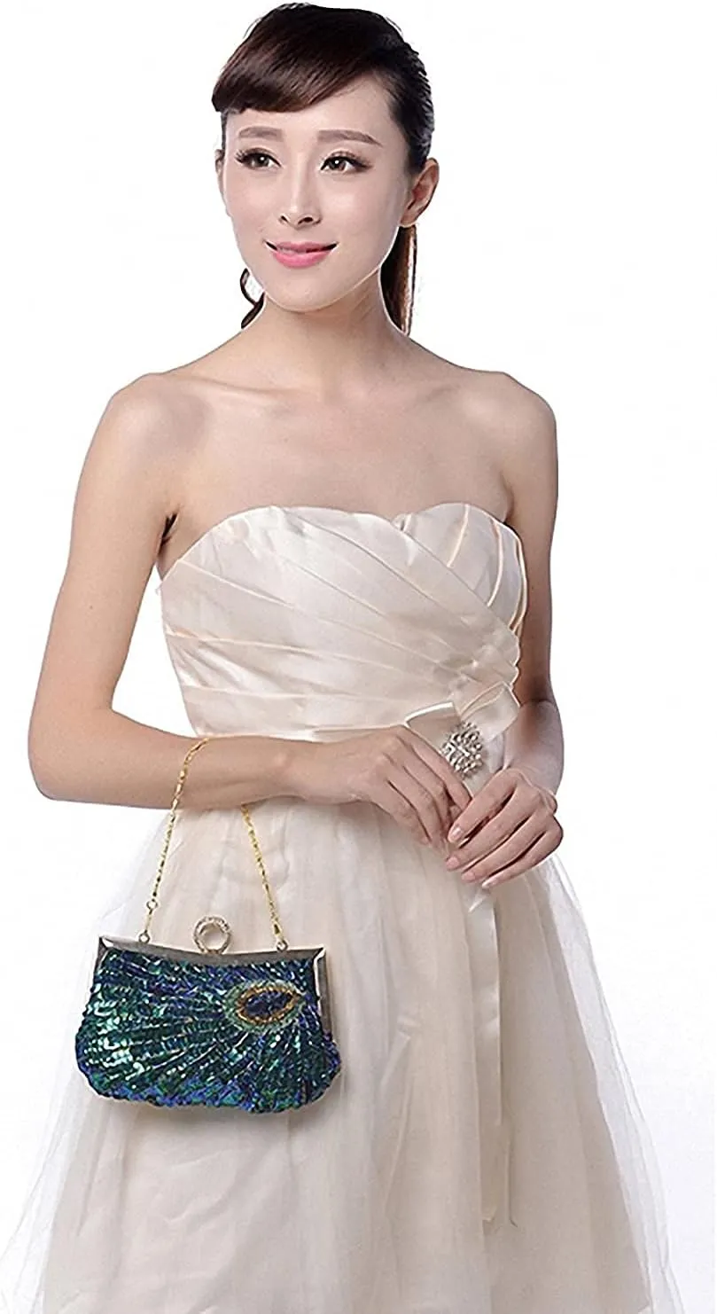 LIFEWISH Women's Unique Luxury Sequins Beaded Evening Bag Wedding Bridal Party Prom Clutch Purse tote Handbag（Peacock blue）