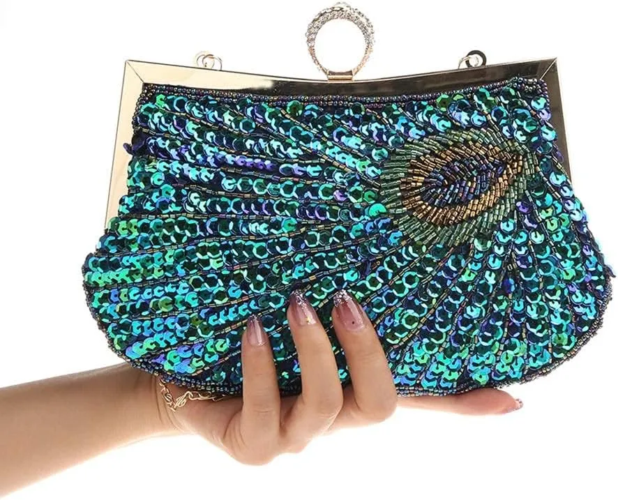 LIFEWISH Women's Unique Luxury Sequins Beaded Evening Bag Wedding Bridal Party Prom Clutch Purse tote Handbag（Peacock blue）
