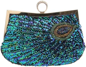 LIFEWISH Women's Unique Luxury Sequins Beaded Evening Bag Wedding Bridal Party Prom Clutch Purse tote Handbag（Peacock blue）