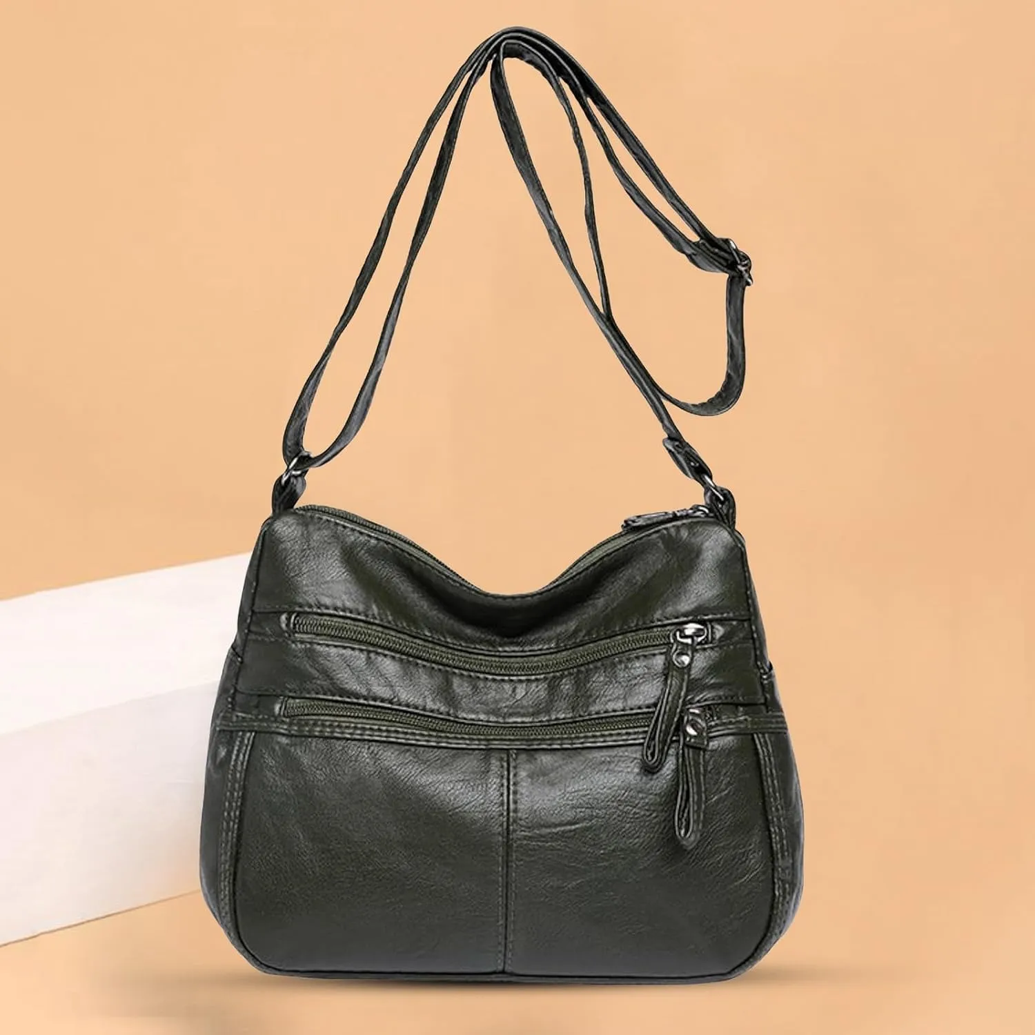 Lightweight 3 Compartment Faux Leather Medium Hobo Bag Hobo, Silver