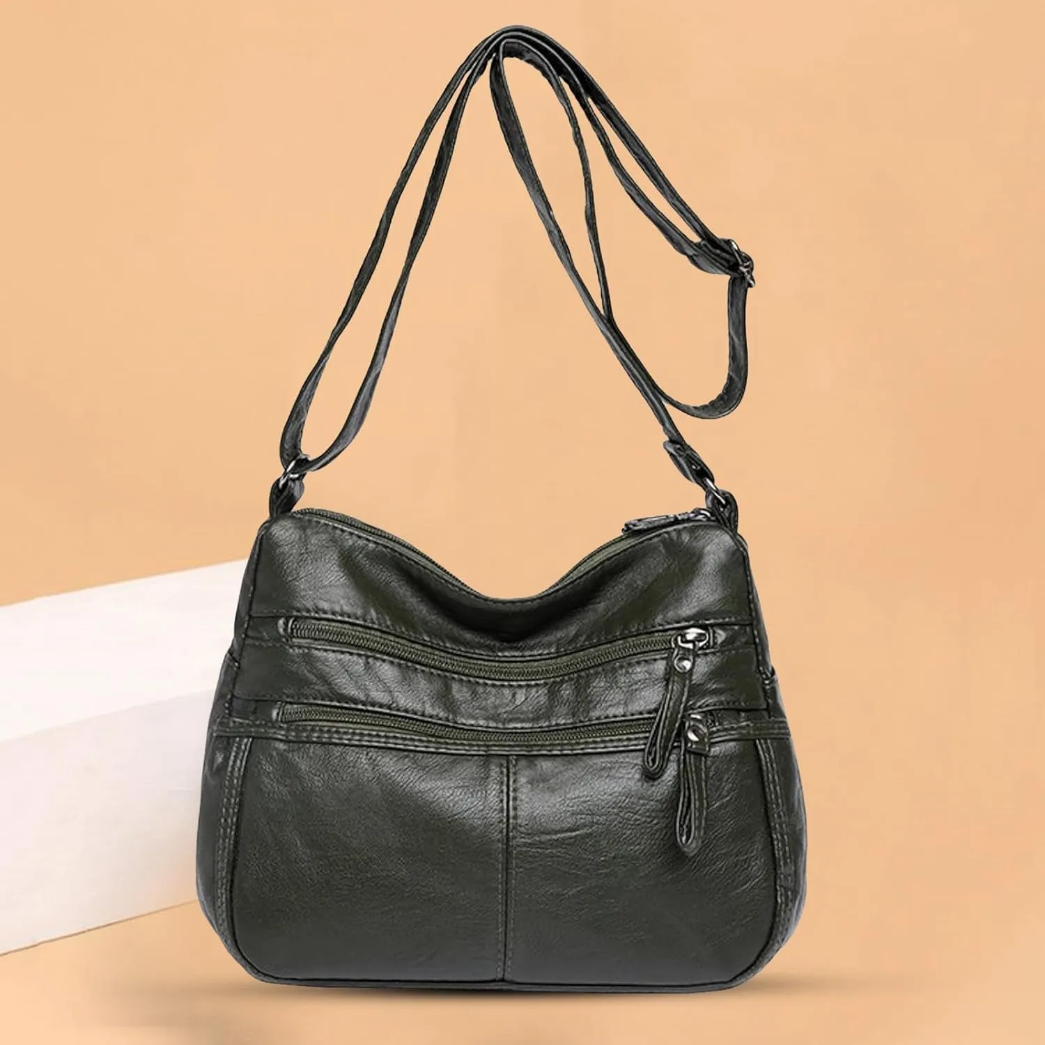 Lightweight 3 Compartment Faux Leather Medium Hobo Bag Hobo, Silver