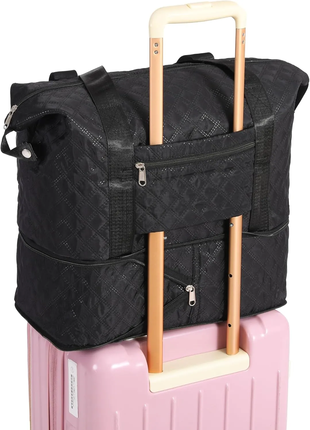 Lightweight Expandable Waterproof Travel Tote Bag for Women - Diamond Quilted Weekender Duffle Bag Carry On, Airplane Approved Overnight Bag, Durable Family Vacation Essentials (Black)
