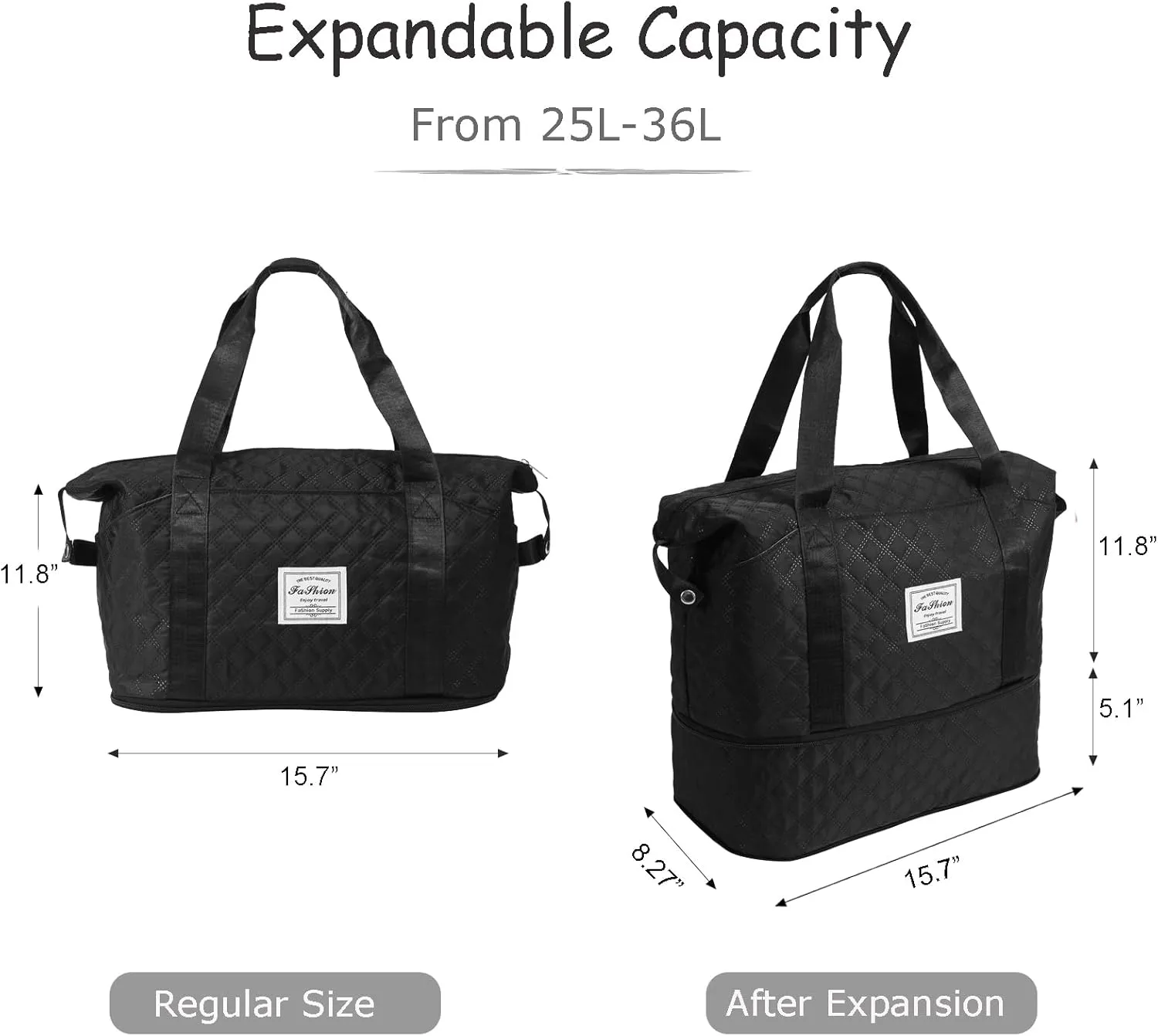 Lightweight Expandable Waterproof Travel Tote Bag for Women - Diamond Quilted Weekender Duffle Bag Carry On, Airplane Approved Overnight Bag, Durable Family Vacation Essentials (Black)