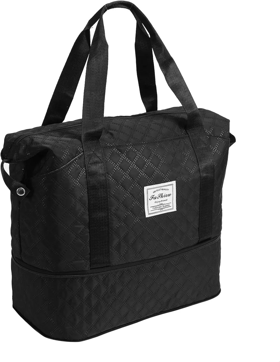 Lightweight Expandable Waterproof Travel Tote Bag for Women - Diamond Quilted Weekender Duffle Bag Carry On, Airplane Approved Overnight Bag, Durable Family Vacation Essentials (Black)