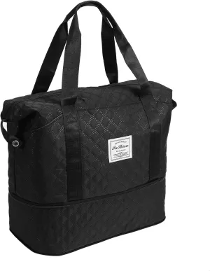 Lightweight Expandable Waterproof Travel Tote Bag for Women - Diamond Quilted Weekender Duffle Bag Carry On, Airplane Approved Overnight Bag, Durable Family Vacation Essentials (Black)