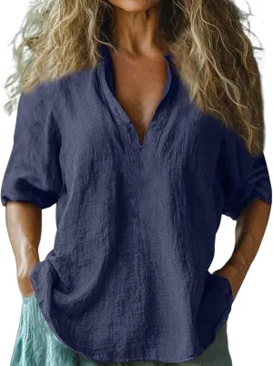 Linen Shirts for Women Long Sleeve V Neck Beach Tops Loose Fit Plus Size Summer Shirt Casual Fashion Travel Outfits