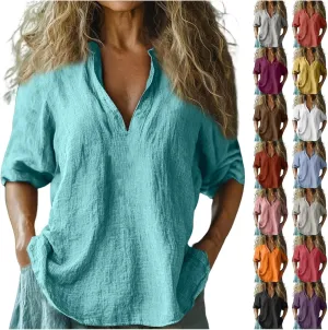 Linen Shirts for Women Long Sleeve V Neck Beach Tops Loose Fit Plus Size Summer Shirt Casual Fashion Travel Outfits