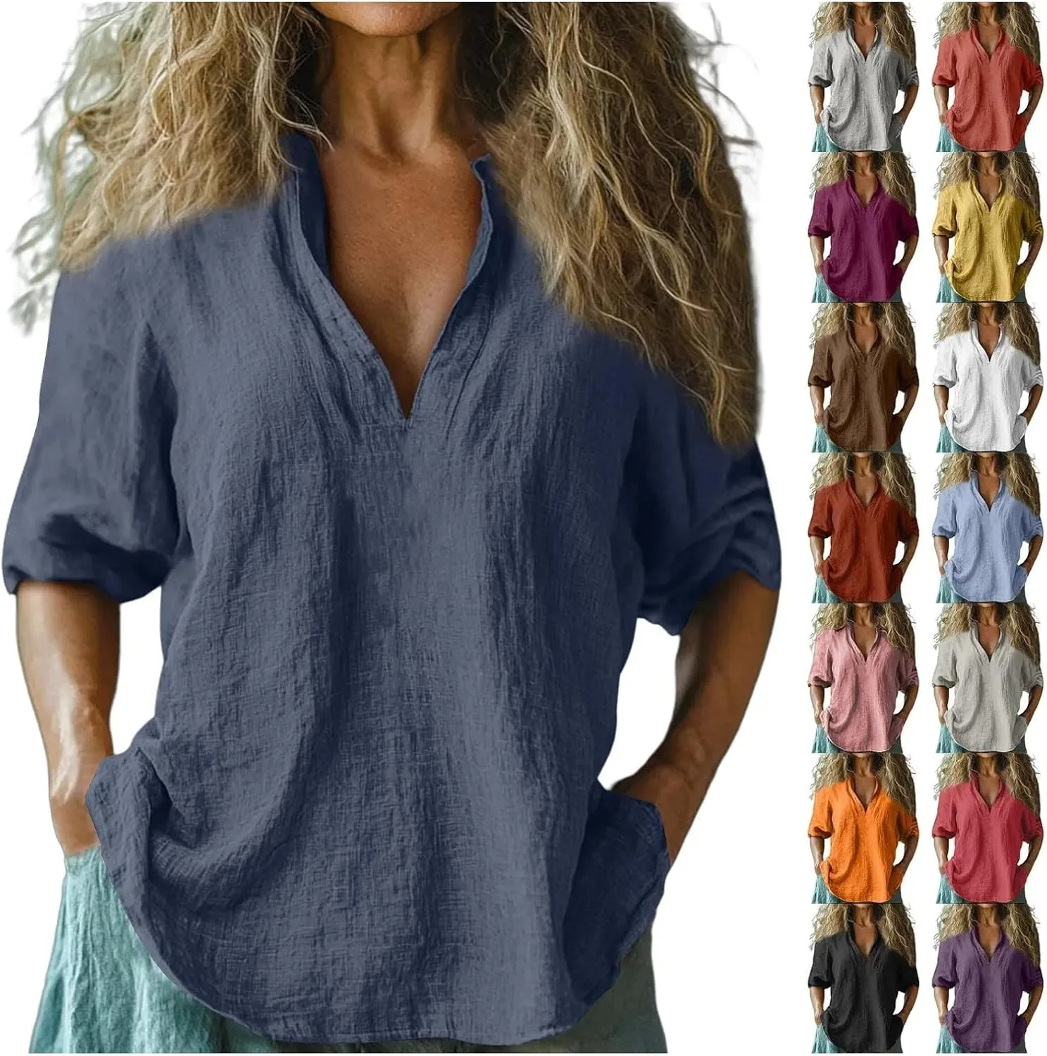 Linen Shirts for Women Long Sleeve V Neck Beach Tops Loose Fit Plus Size Summer Shirt Casual Fashion Travel Outfits