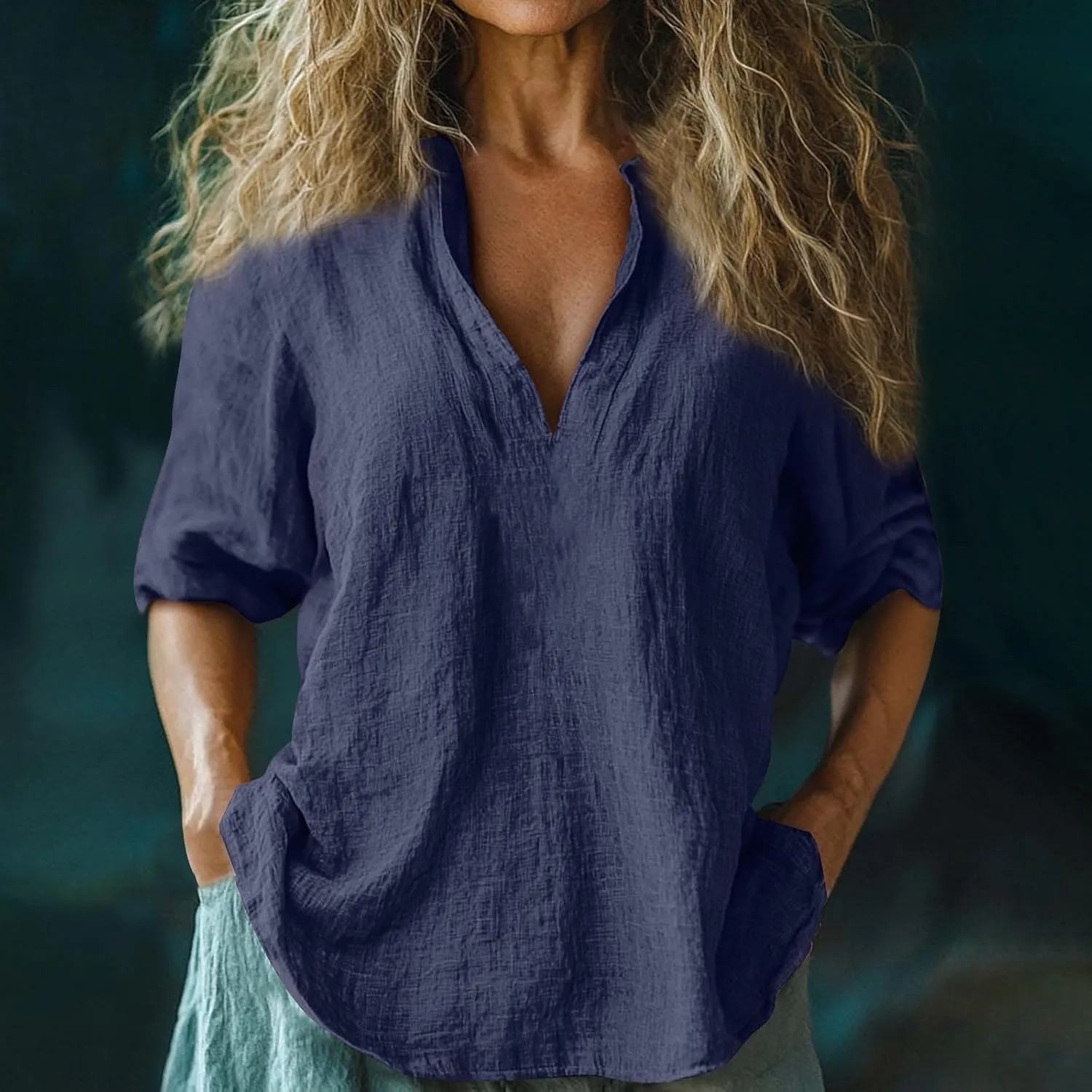 Linen Shirts for Women Long Sleeve V Neck Beach Tops Loose Fit Plus Size Summer Shirt Casual Fashion Travel Outfits