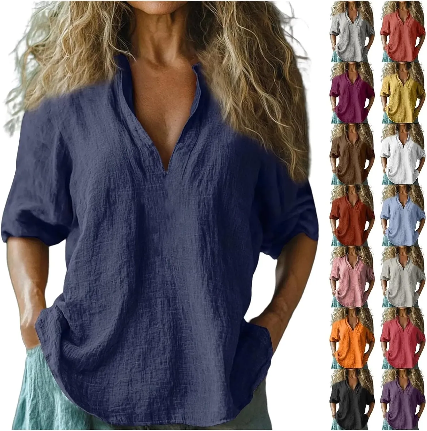 Linen Shirts for Women Long Sleeve V Neck Beach Tops Loose Fit Plus Size Summer Shirt Casual Fashion Travel Outfits