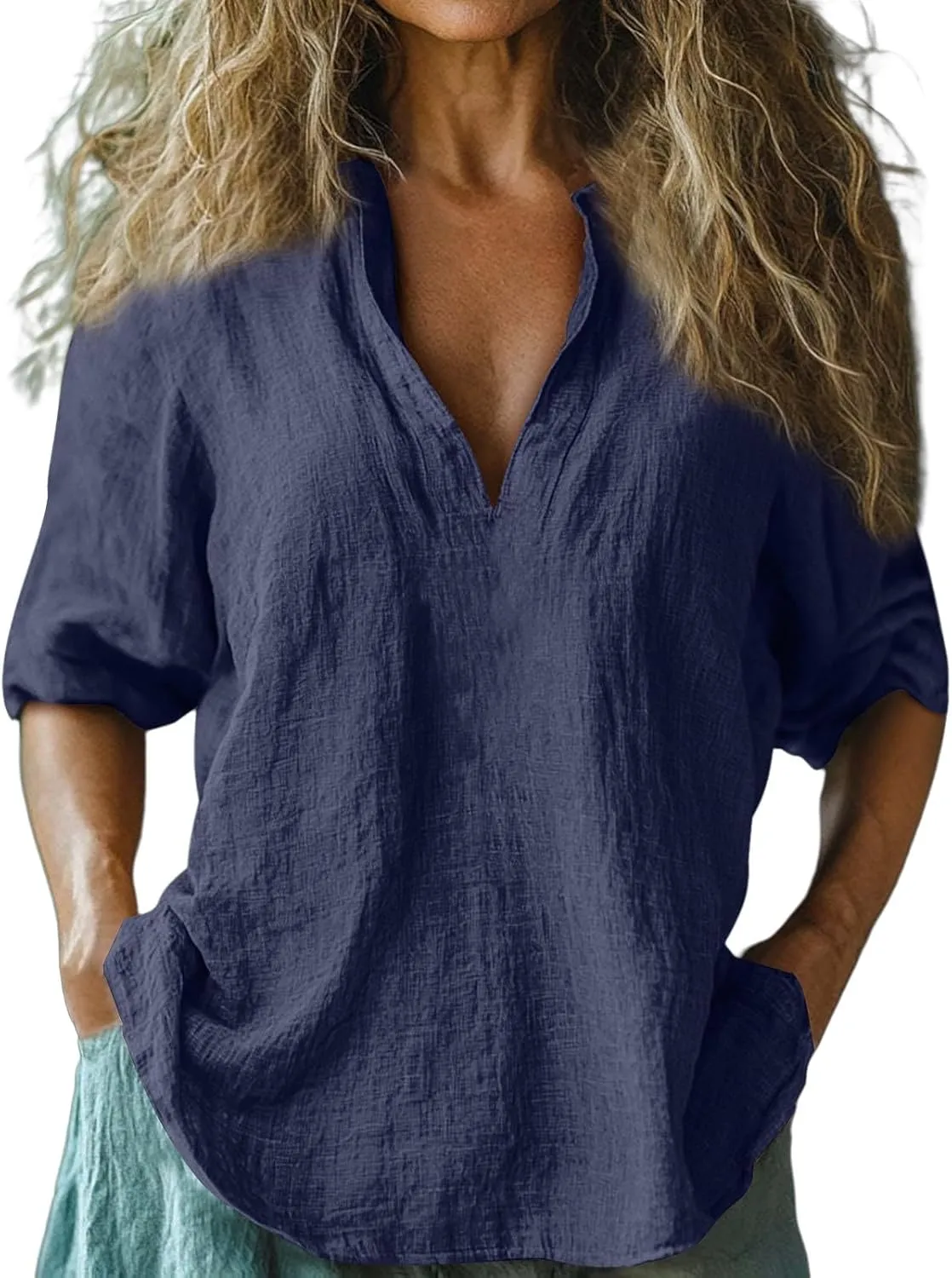 Linen Shirts for Women Long Sleeve V Neck Beach Tops Loose Fit Plus Size Summer Shirt Casual Fashion Travel Outfits