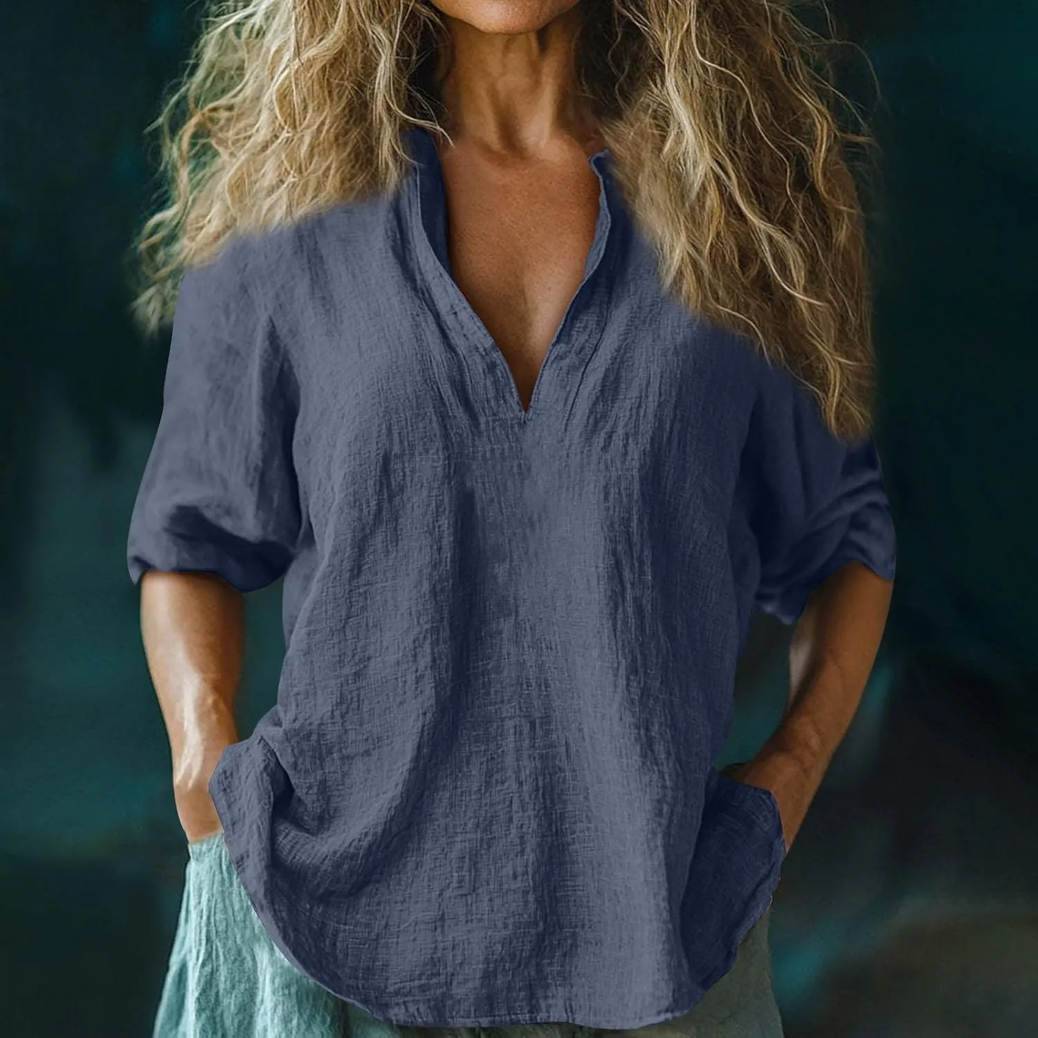Linen Shirts for Women Long Sleeve V Neck Beach Tops Loose Fit Plus Size Summer Shirt Casual Fashion Travel Outfits