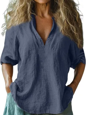 Linen Shirts for Women Long Sleeve V Neck Beach Tops Loose Fit Plus Size Summer Shirt Casual Fashion Travel Outfits