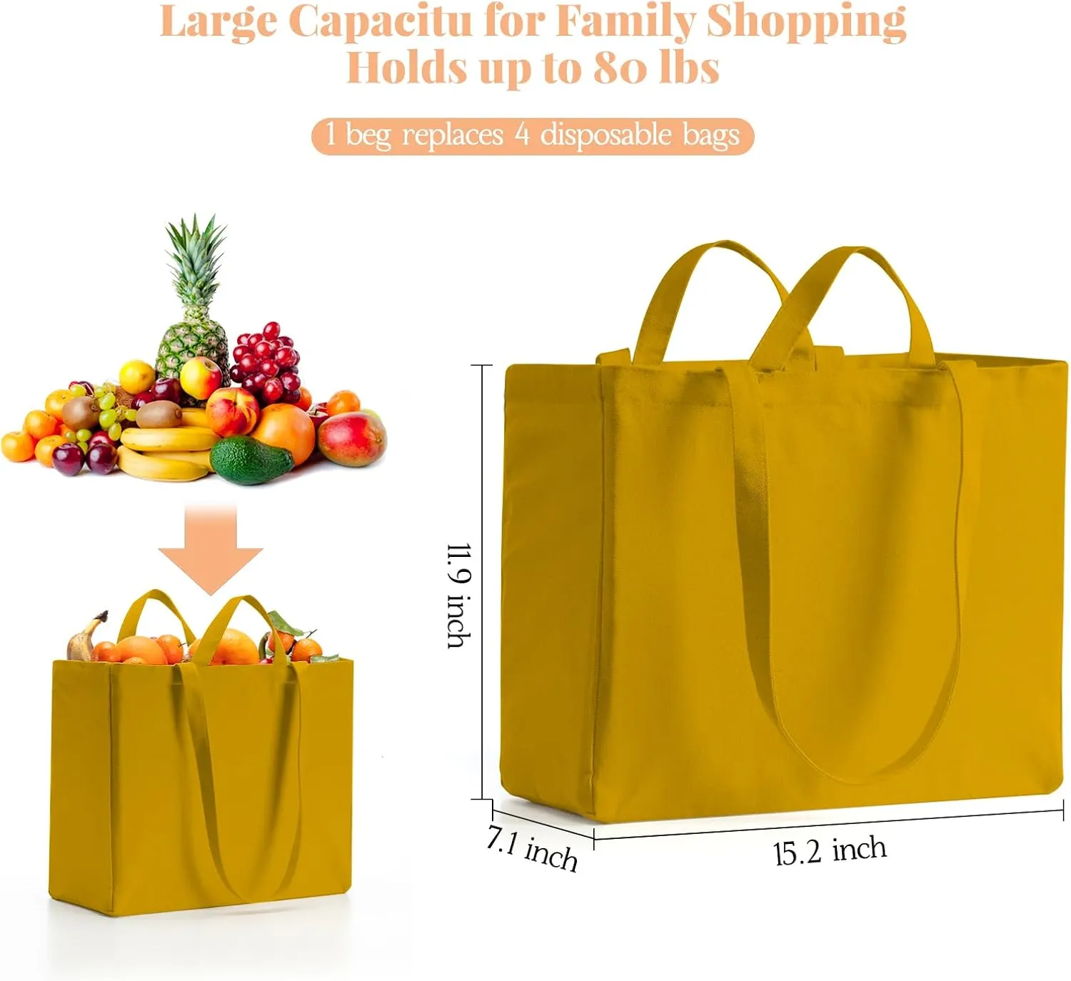 LINICE Reusable Grocery Bags Shopping Bags for Groceries Foldable Heavy Duty Canvas Tote Bag Washable Canvas Bag with Handles (Yellow-3pack)