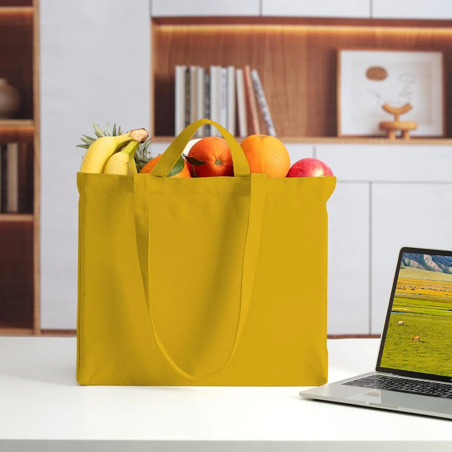 LINICE Reusable Grocery Bags Shopping Bags for Groceries Foldable Heavy Duty Canvas Tote Bag Washable Canvas Bag with Handles (Yellow-3pack)
