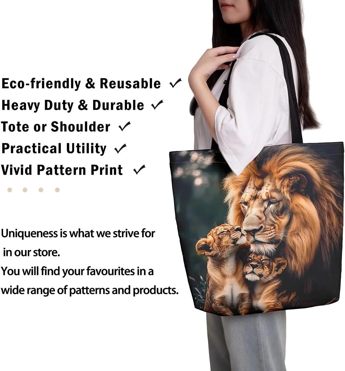 Lion Eagle Canvas Tote Bag,3D Print Wild Animals Aesthetic Shoulder Handbags for Shopping Gym