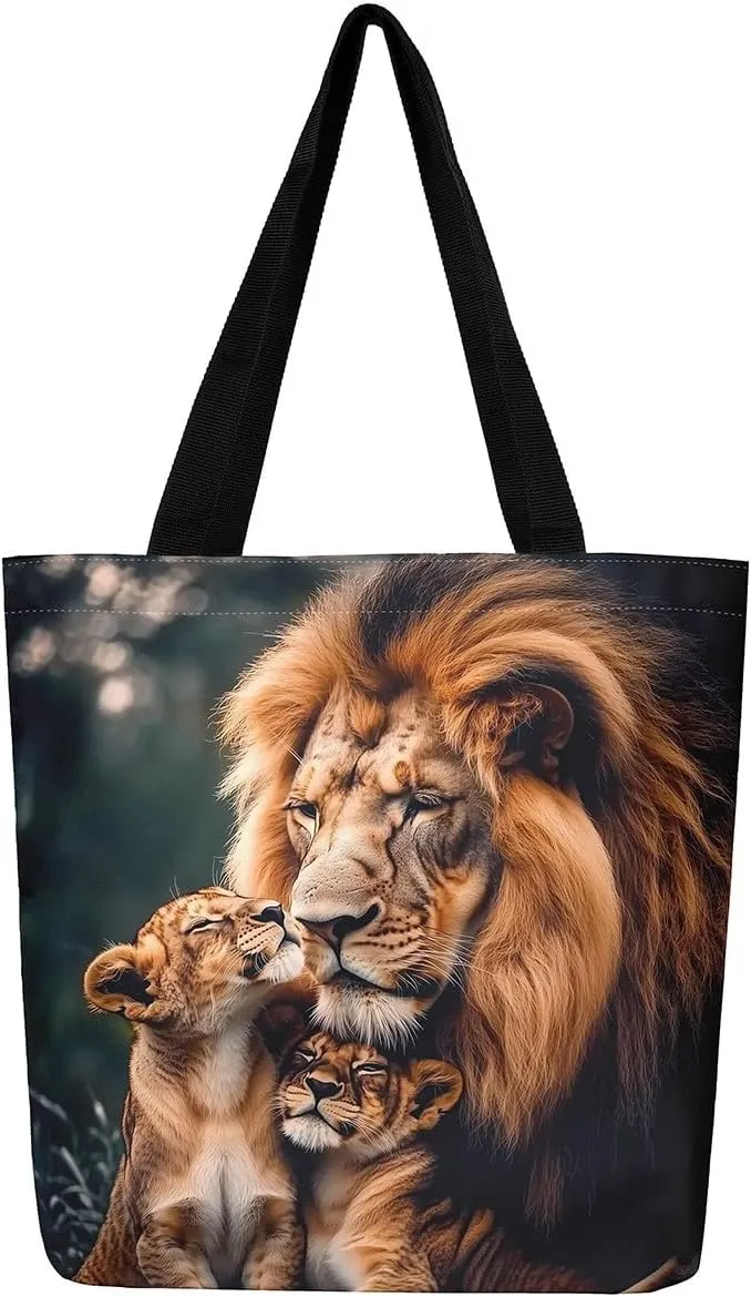 Lion Eagle Canvas Tote Bag,3D Print Wild Animals Aesthetic Shoulder Handbags for Shopping Gym