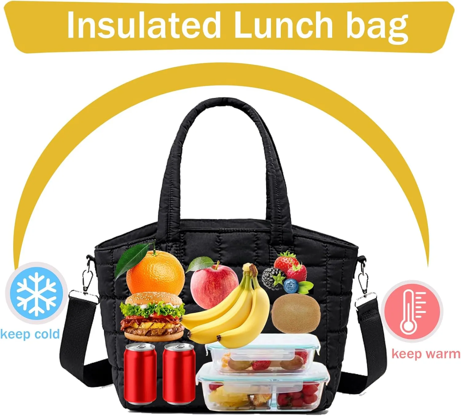 LOIDOU Lunch Box for Women Girls Insulated Lunch Bag Large Lunch Tote Bag Cute Lunchbox Cooler Bag for Work Travel Picnic (Black)