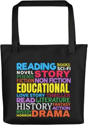 Love Reading Books - Genre Word Art Canvas Tote Bag 15x15" Black