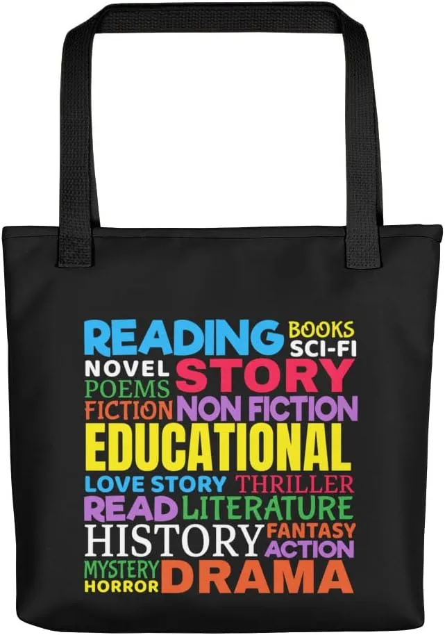 Love Reading Books - Genre Word Art Canvas Tote Bag 15x15" Black