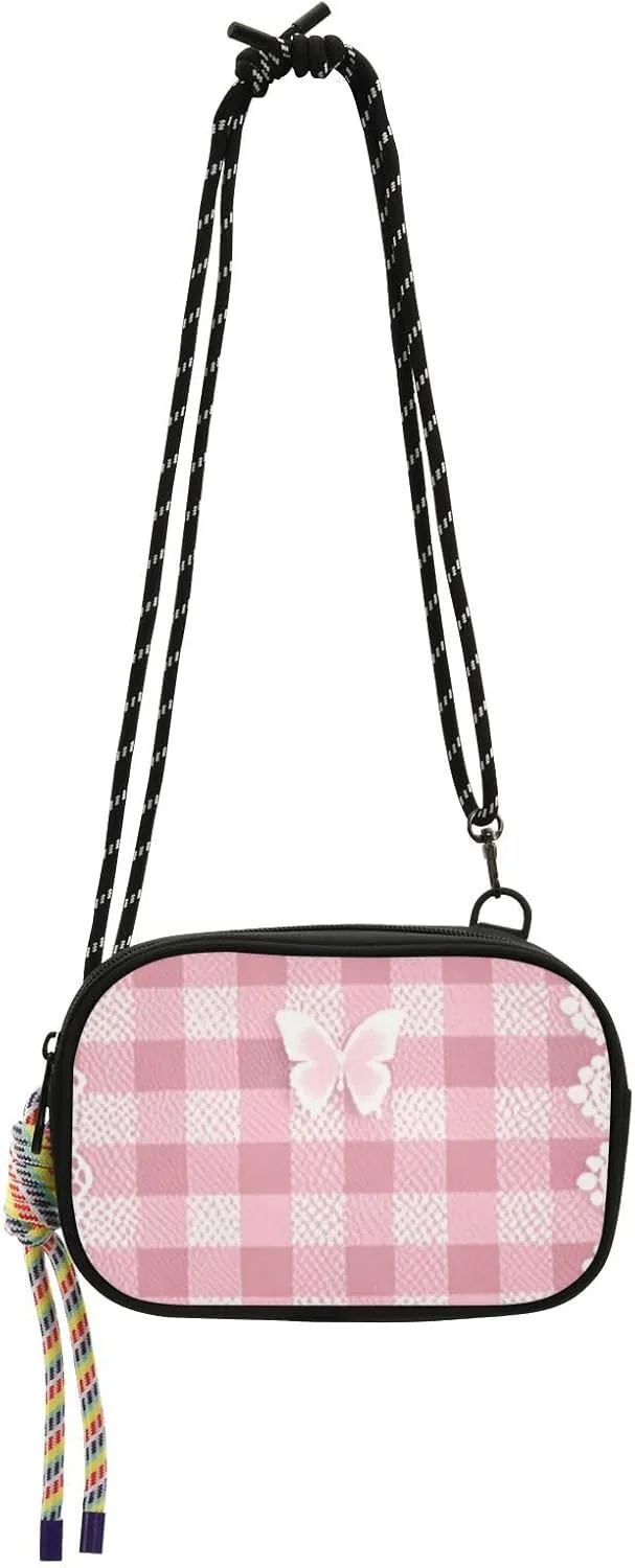 Lovely Pink Lace Butterfly Plaid Black Crossbody Bag Mens Beauty with Credit Card Slots Shoulder Bag Have a meal bolsos economicos para dama
