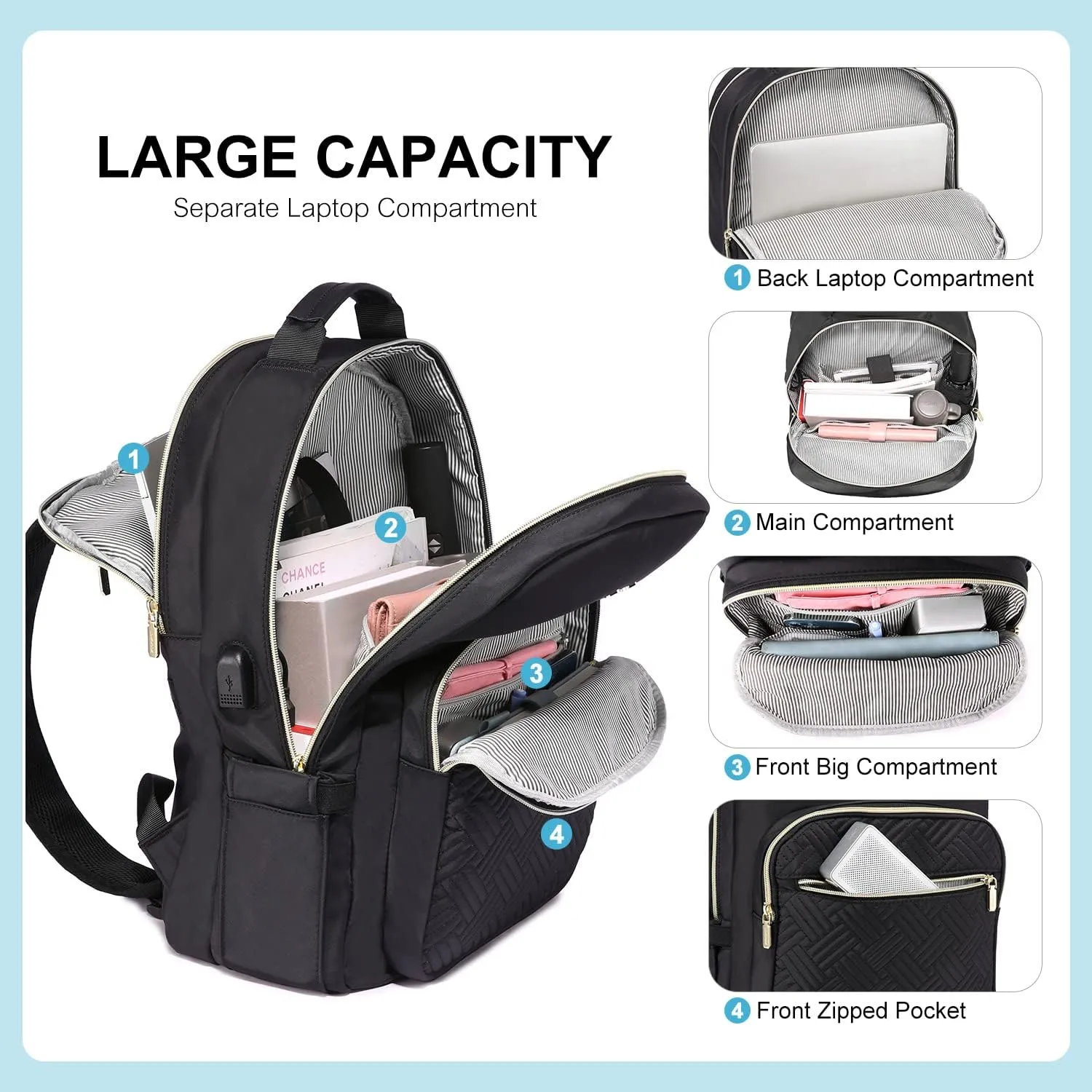 LOVEVOOK Laptop Backpack for Women, Stylish Quilted Backpacks Purse for Business Work Travel, Computer Bags Bag, with USB Port fits 15.6-inch Laptop, Black
