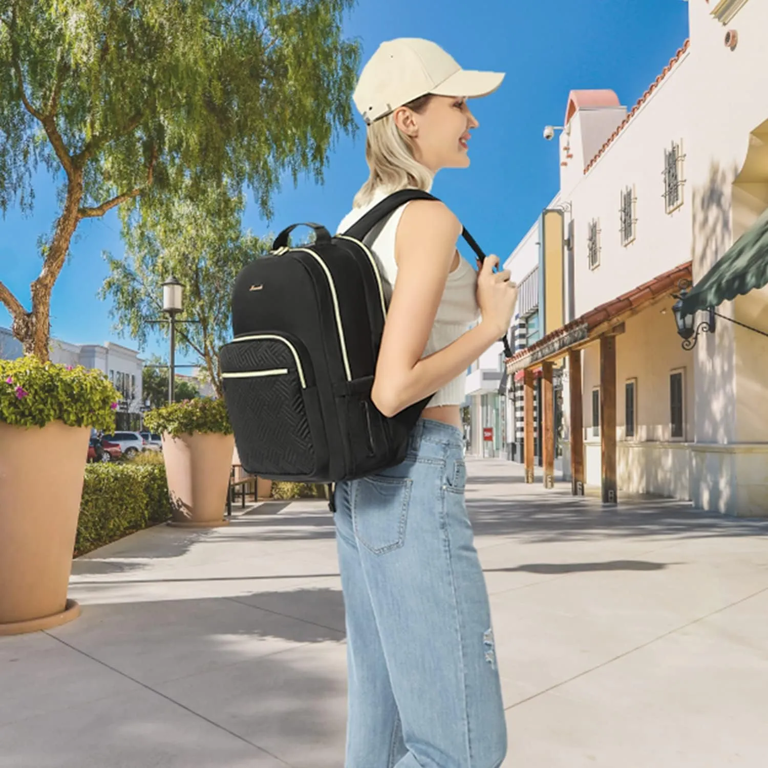 LOVEVOOK Laptop Backpack for Women, Stylish Quilted Backpacks Purse for Business Work Travel, Computer Bags Bag, with USB Port fits 15.6-inch Laptop, Black