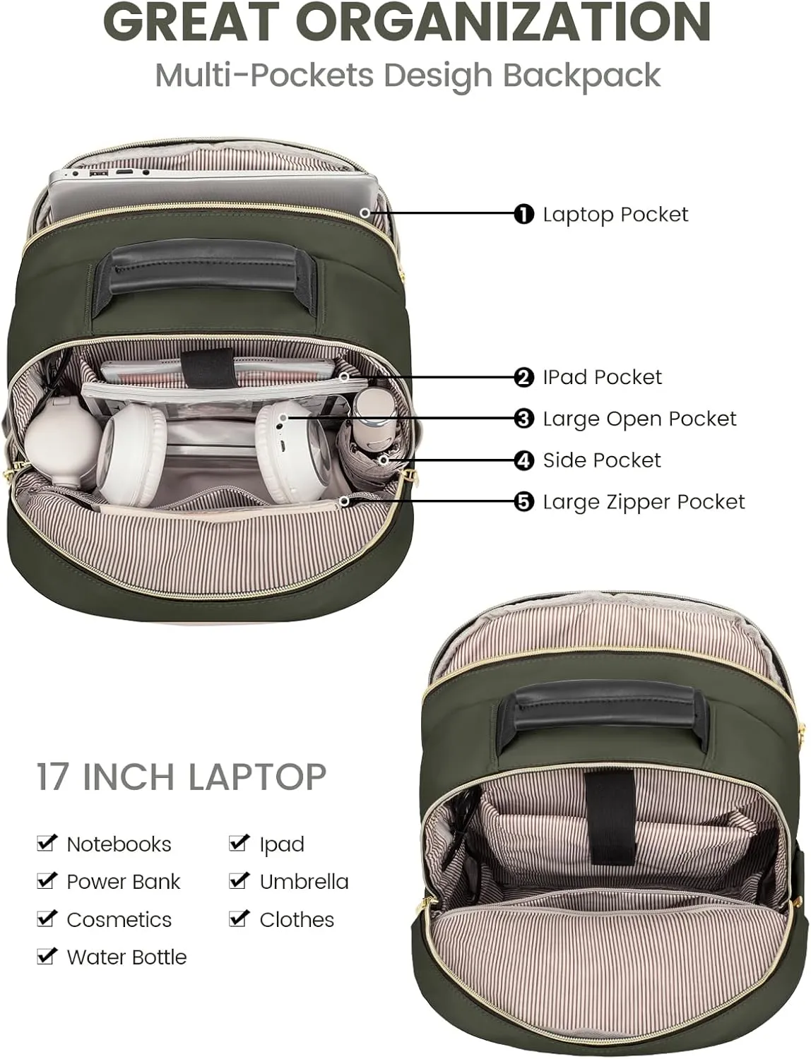 LOVEVOOK Laptop Backpack for Women, Travel Computer Work Bags with 17-inch Laptop Compartment, College School Student Bag Teen Backpacks For Girls, Outdoor Carry On Backpack Purse, Army Green