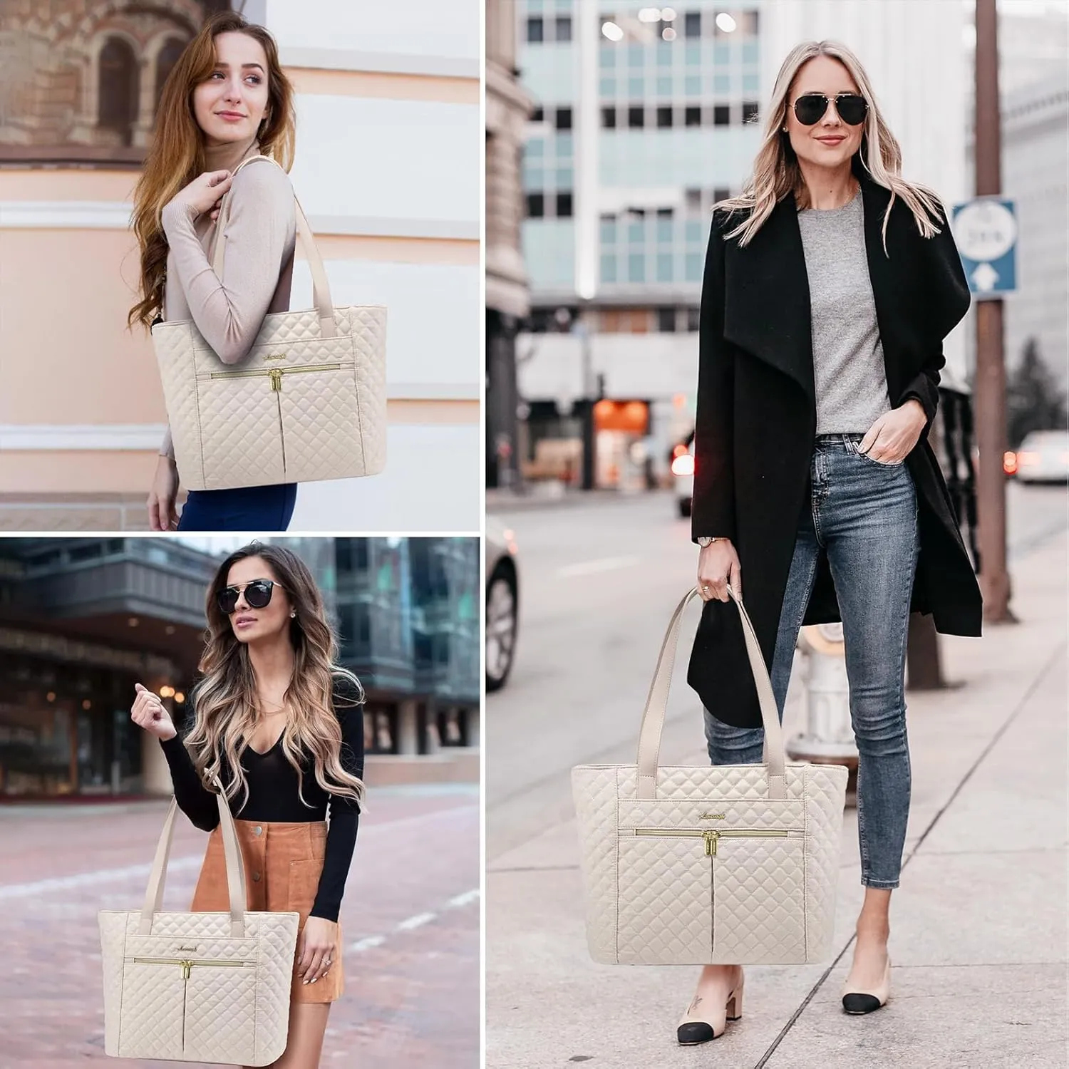 LOVEVOOK Laptop Bag for Women 15.6 inch,Diamond Quilted Work Tote Bags Womens Laptop Computer Shoulder Bags,Stylish Travel Tote Bags Laptop Purse Briefcase Handbag with Clutch Purse,Nude