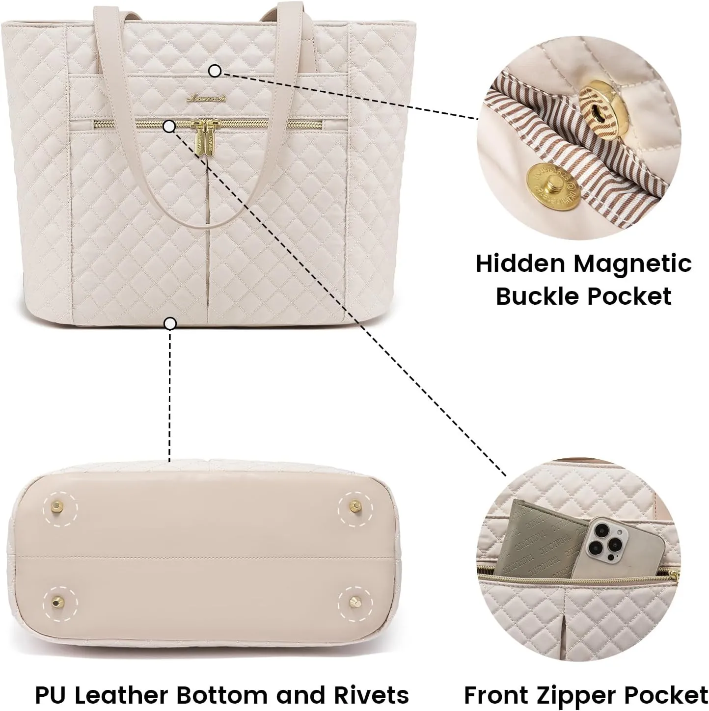 LOVEVOOK Laptop Bag for Women 15.6 inch,Diamond Quilted Work Tote Bags Womens Laptop Computer Shoulder Bags,Stylish Travel Tote Bags Laptop Purse Briefcase Handbag with Clutch Purse,Nude