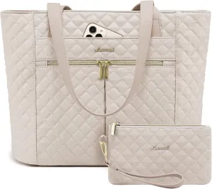 LOVEVOOK Laptop Bag for Women 15.6 inch,Diamond Quilted Work Tote Bags Womens Laptop Computer Shoulder Bags,Stylish Travel Tote Bags Laptop Purse Briefcase Handbag with Clutch Purse,Nude