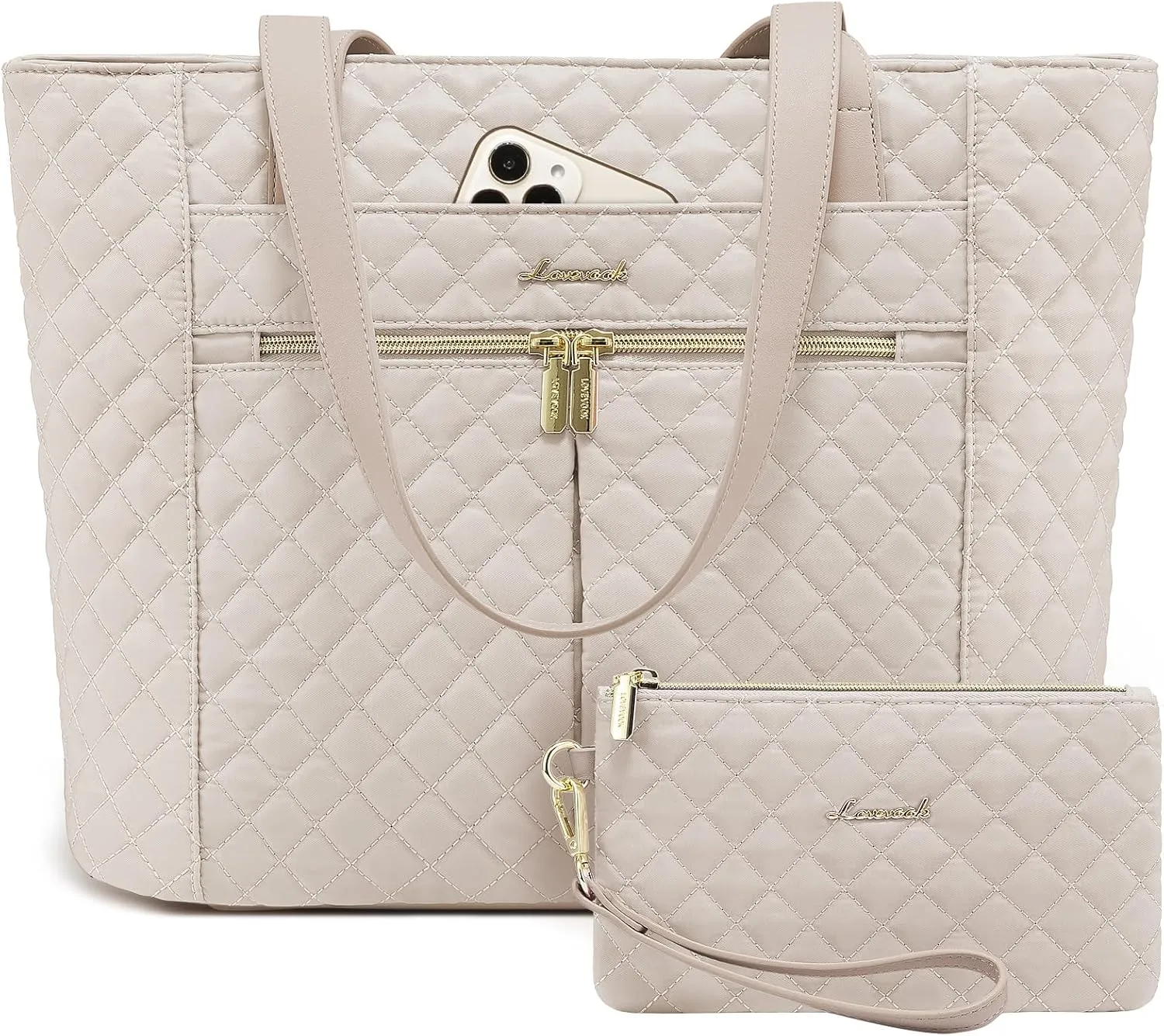 LOVEVOOK Laptop Bag for Women 15.6 inch,Diamond Quilted Work Tote Bags Womens Laptop Computer Shoulder Bags,Stylish Travel Tote Bags Laptop Purse Briefcase Handbag with Clutch Purse,Nude