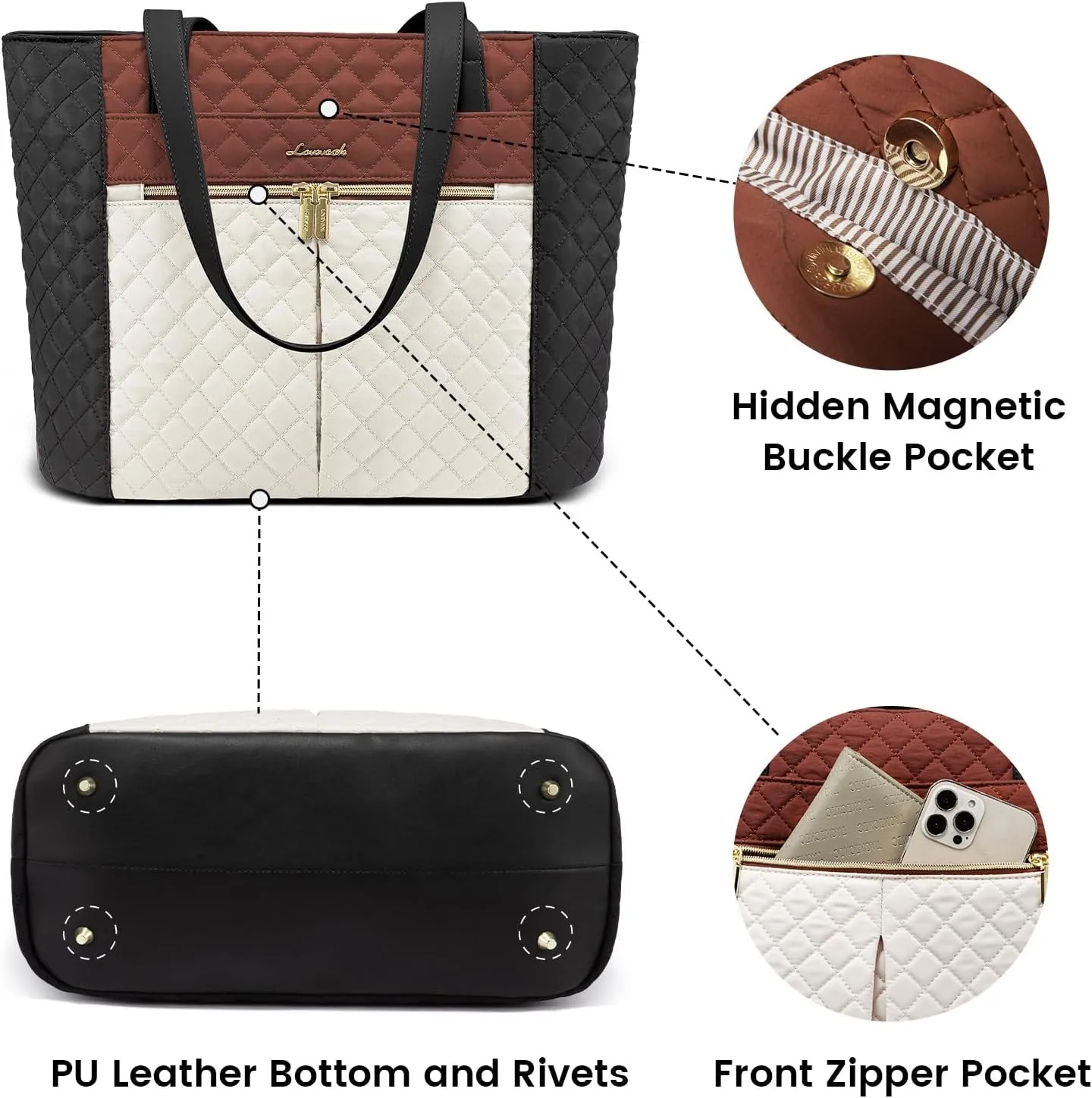 LOVEVOOK Laptop Bag for Women 17 inch,Diamond Quilted Work Tote Bags Womens Laptop Computer Shoulder Bags,Stylish Travel Tote Bags Laptop Purse Briefcase Handbag with Clutch Purse,Brown-Black-White