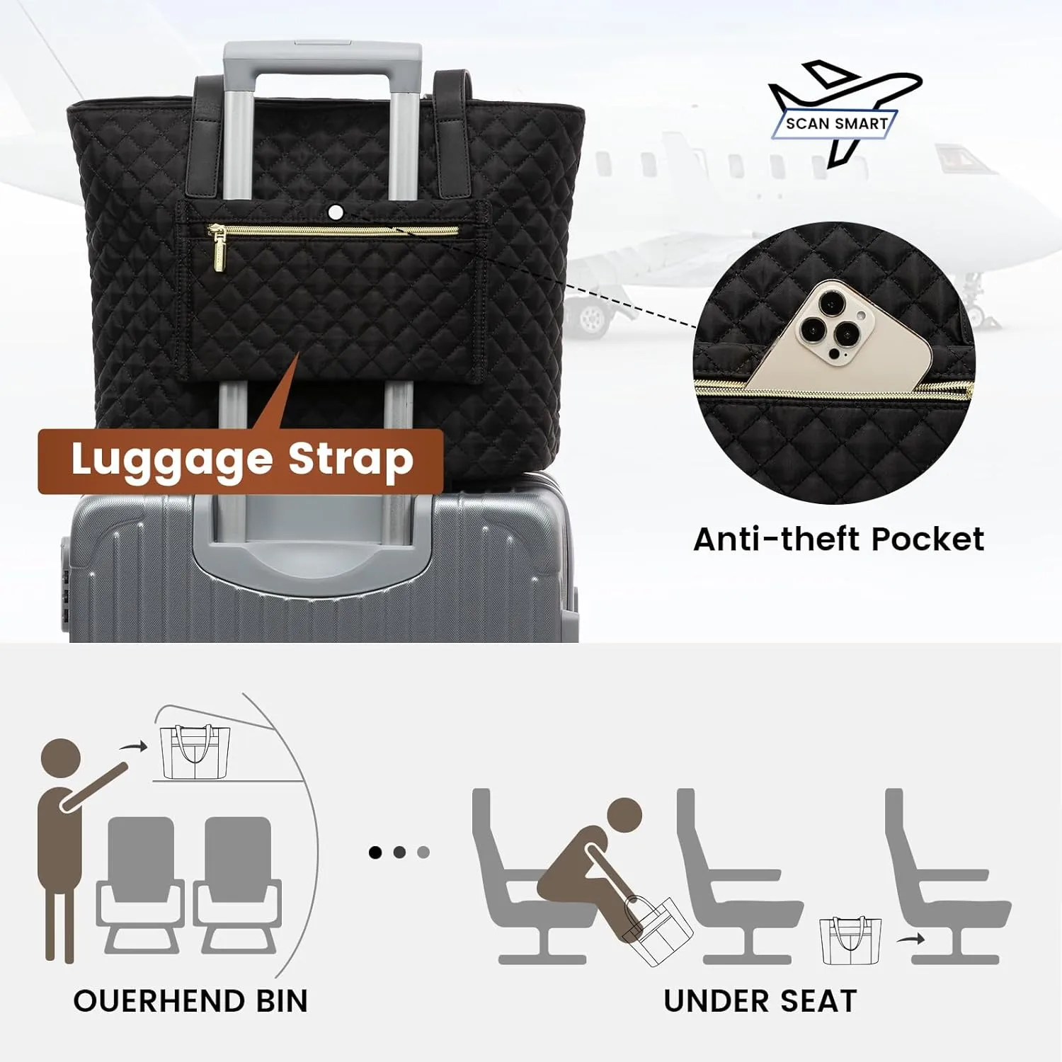 LOVEVOOK Laptop Bag for Women 17 inch,Diamond Quilted Work Tote Bags Womens Laptop Computer Shoulder Bags,Stylish Travel Tote Bags Laptop Purse Briefcase Handbag with Clutch Purse,Brown-Black-White