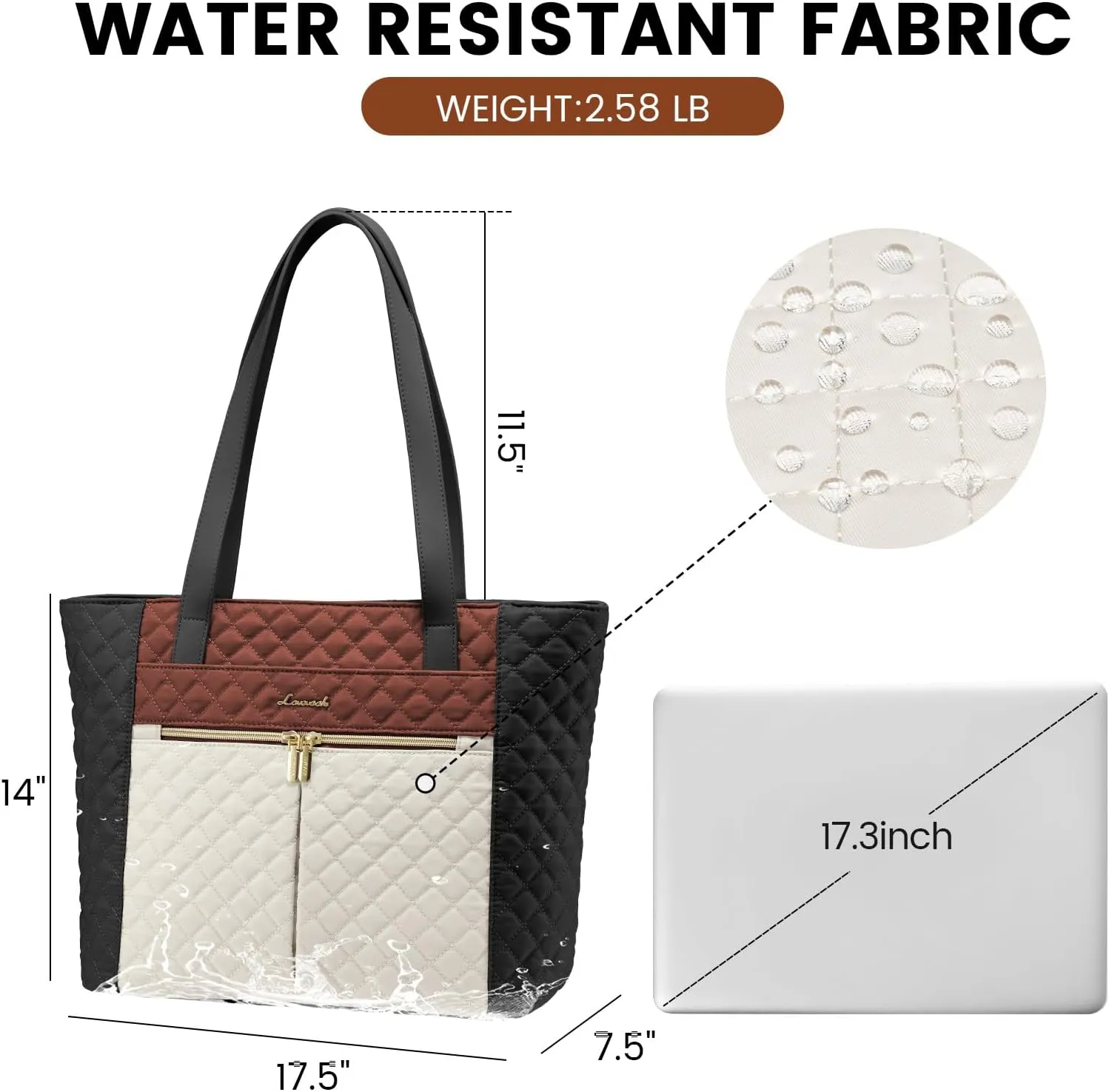 LOVEVOOK Laptop Bag for Women 17 inch,Diamond Quilted Work Tote Bags Womens Laptop Computer Shoulder Bags,Stylish Travel Tote Bags Laptop Purse Briefcase Handbag with Clutch Purse,Brown-Black-White