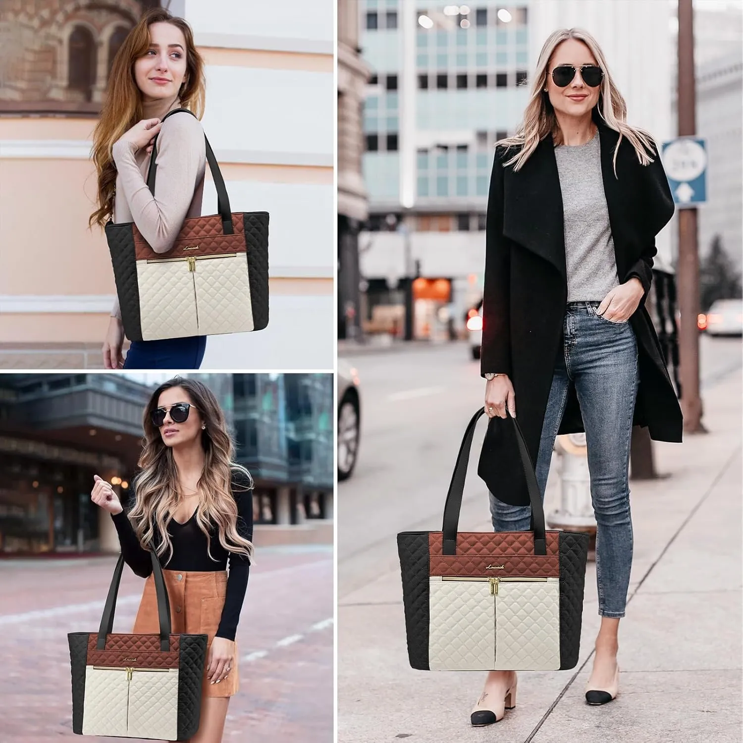 LOVEVOOK Laptop Bag for Women 17 inch,Diamond Quilted Work Tote Bags Womens Laptop Computer Shoulder Bags,Stylish Travel Tote Bags Laptop Purse Briefcase Handbag with Clutch Purse,Brown-Black-White