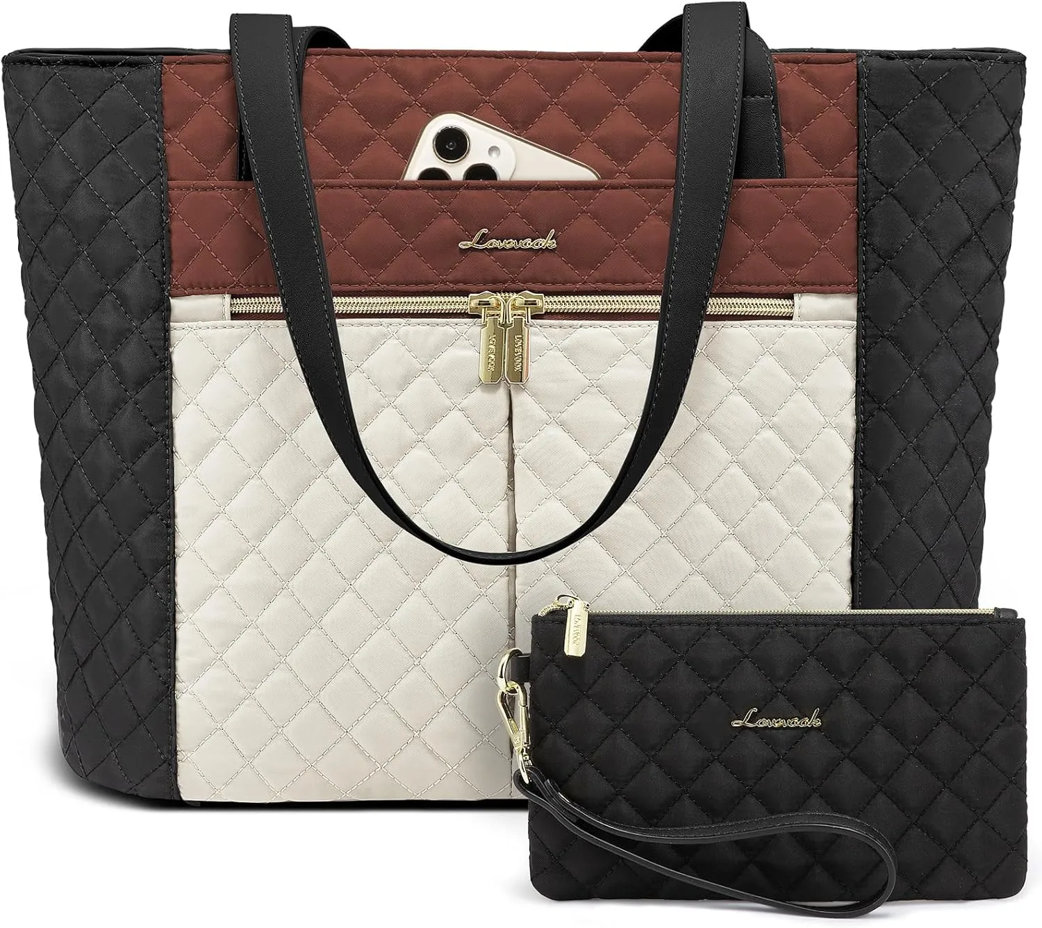 LOVEVOOK Laptop Bag for Women 17 inch,Diamond Quilted Work Tote Bags Womens Laptop Computer Shoulder Bags,Stylish Travel Tote Bags Laptop Purse Briefcase Handbag with Clutch Purse,Brown-Black-White
