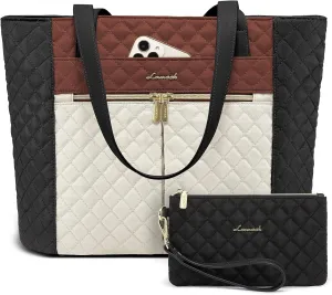 LOVEVOOK Laptop Bag for Women 17 inch,Diamond Quilted Work Tote Bags Womens Laptop Computer Shoulder Bags,Stylish Travel Tote Bags Laptop Purse Briefcase Handbag with Clutch Purse,Brown-Black-White