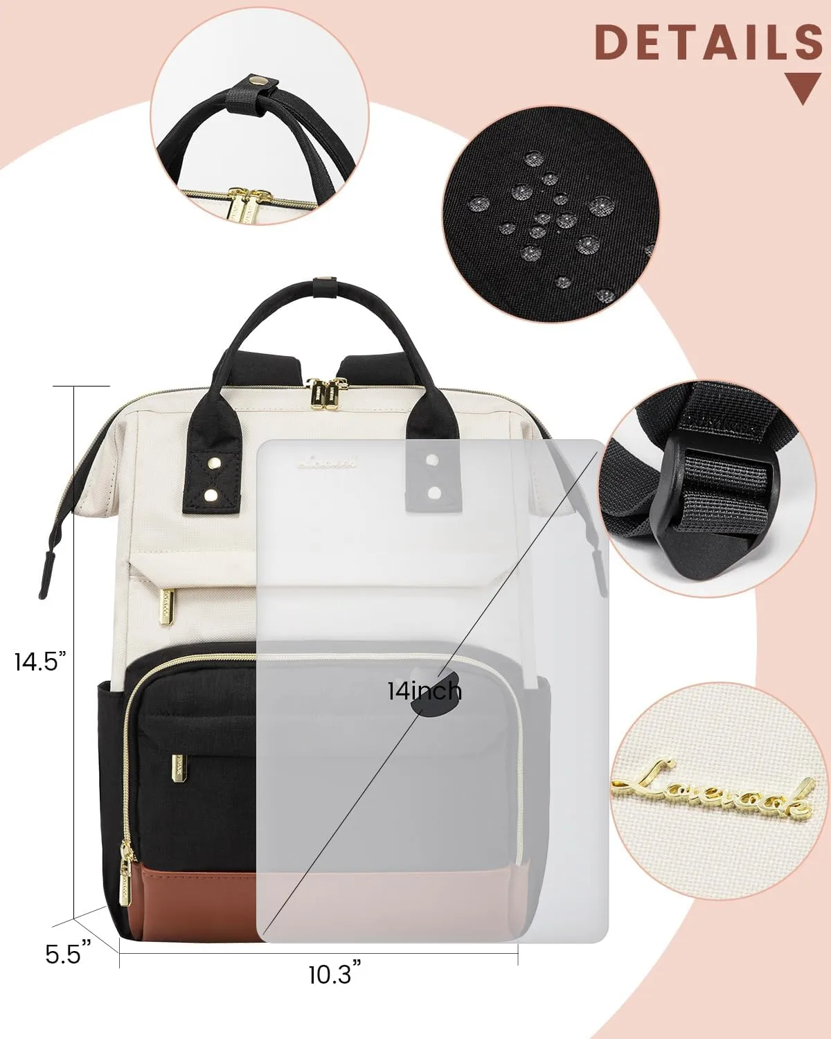 LOVEVOOK Mini Backpack for Women, Cute Small Backpacks Purse, College Bookbag for School, Fashion Bag for Work Travel Gift, 14 inch Lightweight Daypack, Beige-Black-Brown