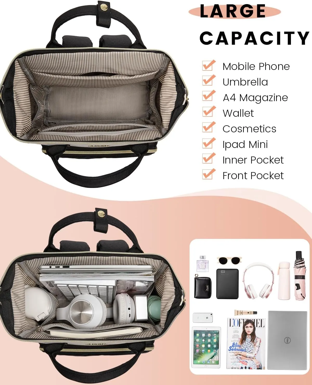 LOVEVOOK Mini Backpack for Women, Cute Small Backpacks Purse, College Bookbag for School, Fashion Bag for Work Travel Gift, 14 inch Lightweight Daypack, Beige-Black-Brown
