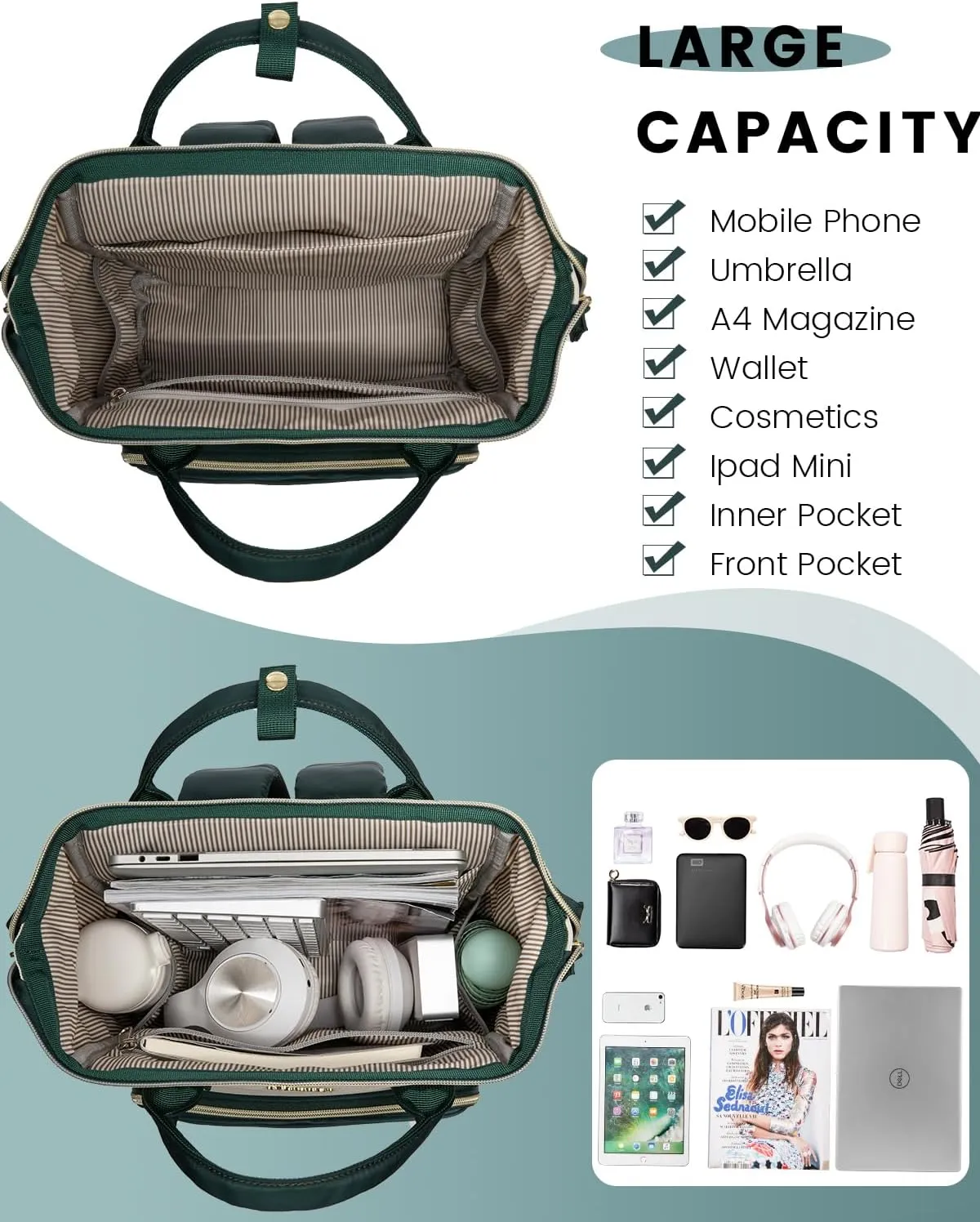 LOVEVOOK Mini Backpack for Women, Cute Small Backpacks Purse, Fashion Bag for Travel Work Gift, College Bookbag for School, Lightweight Daypack, White-Green