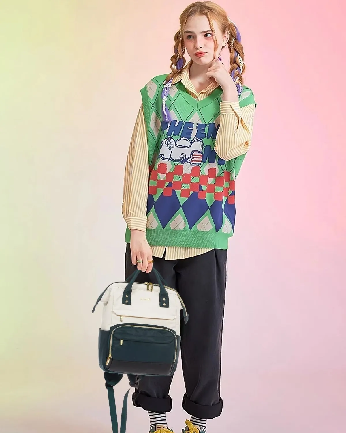 LOVEVOOK Mini Backpack for Women, Cute Small Backpacks Purse, Fashion Bag for Travel Work Gift, College Bookbag for School, Lightweight Daypack, White-Green