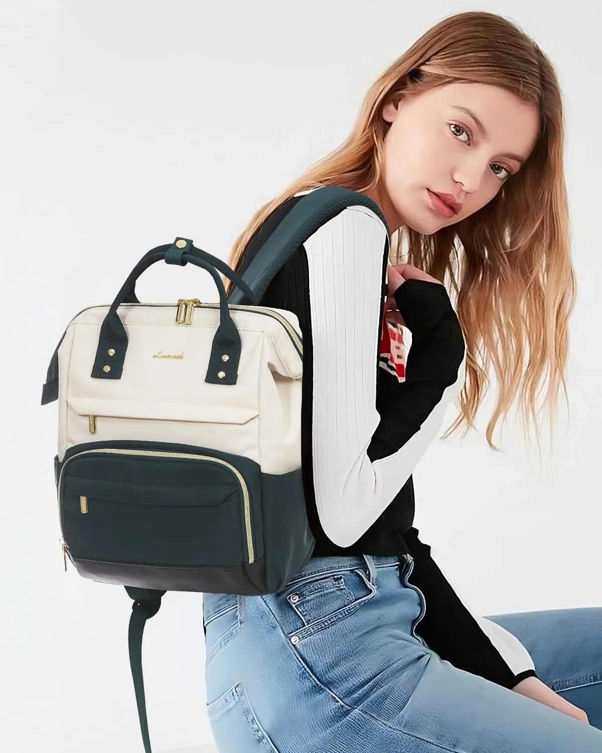 LOVEVOOK Mini Backpack for Women, Cute Small Backpacks Purse, Fashion Bag for Travel Work Gift, College Bookbag for School, Lightweight Daypack, White-Green