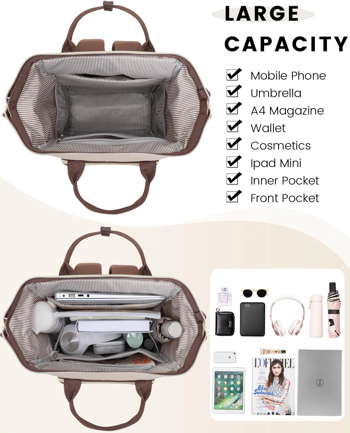 LOVEVOOK Mini Backpack for Women, Cute Small Backpacks Purse, Fashion Bag for Work Travel Gift, 14 inch Lightweight Daypack, Beige-Coffee-Black