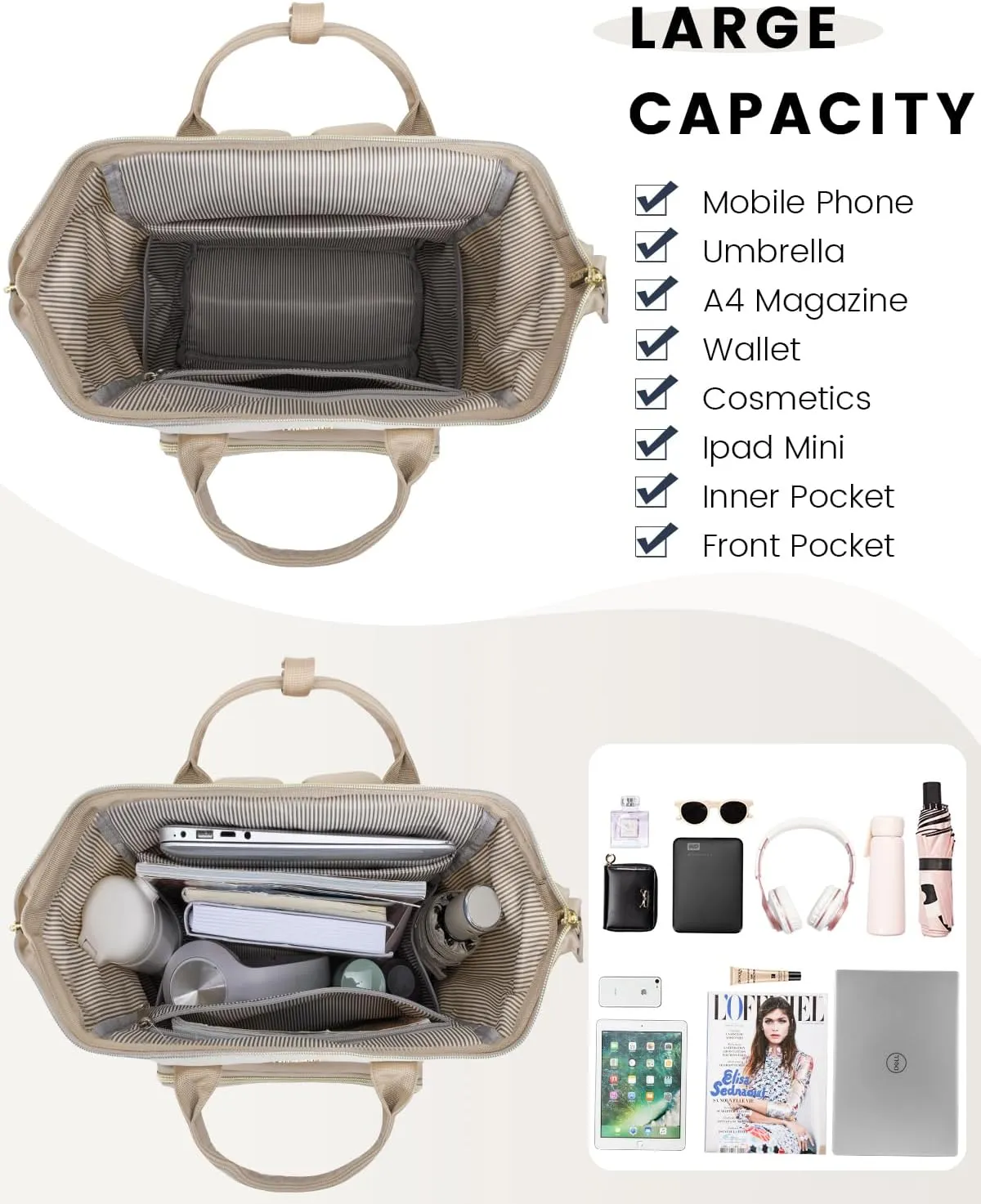 LOVEVOOK Mini Backpack for Women, Cute Small Backpacks Purse, Fashion Bag for Work Travel Gift, 14 inch Lightweight Daypack, Beige-Khaki-Coffee