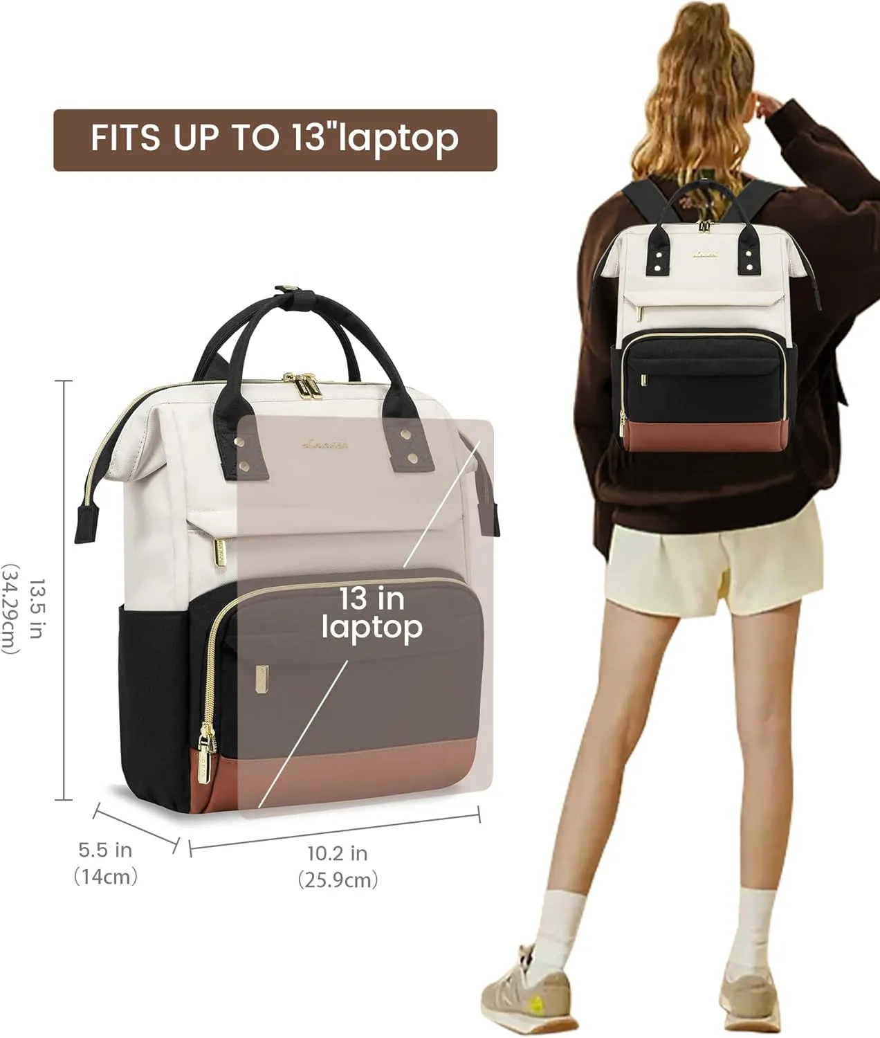 LOVEVOOK Mini Backpack for Women, Small Backpacks Purse, College Bookbag for School, Fashion Bag for Travel Work Gift, Lightweight Daypack, Beige-Black-Brown