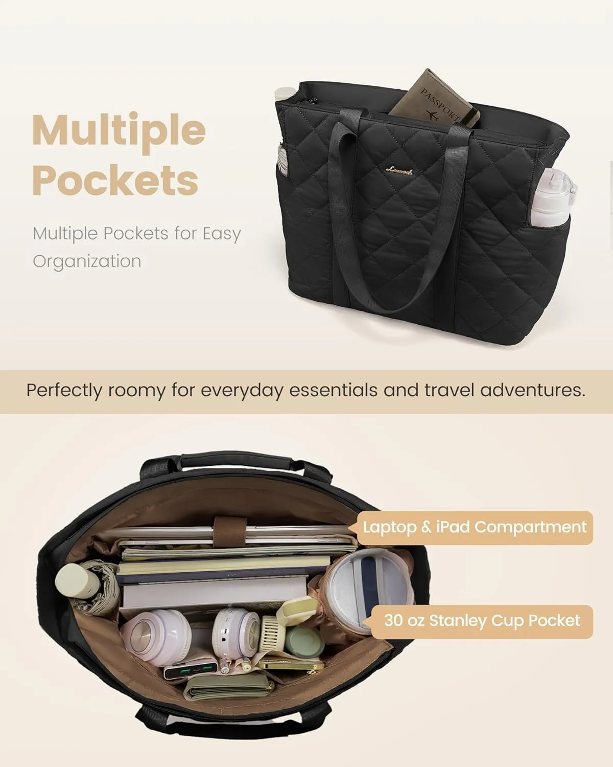 LOVEVOOK Tote Bag for Women,Large Puffer Tote Bag with Zipper,Quilted Puffy Work Bag Purse for Travel Beach Gym Weekend