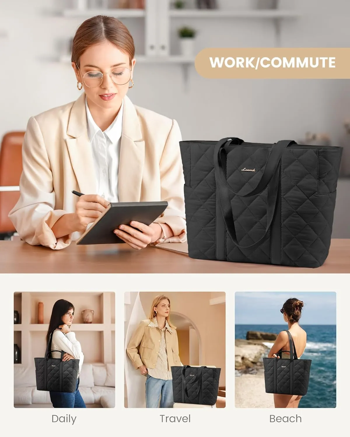 LOVEVOOK Tote Bag for Women,Large Puffer Tote Bag with Zipper,Quilted Puffy Work Bag Purse for Travel Beach Gym Weekend