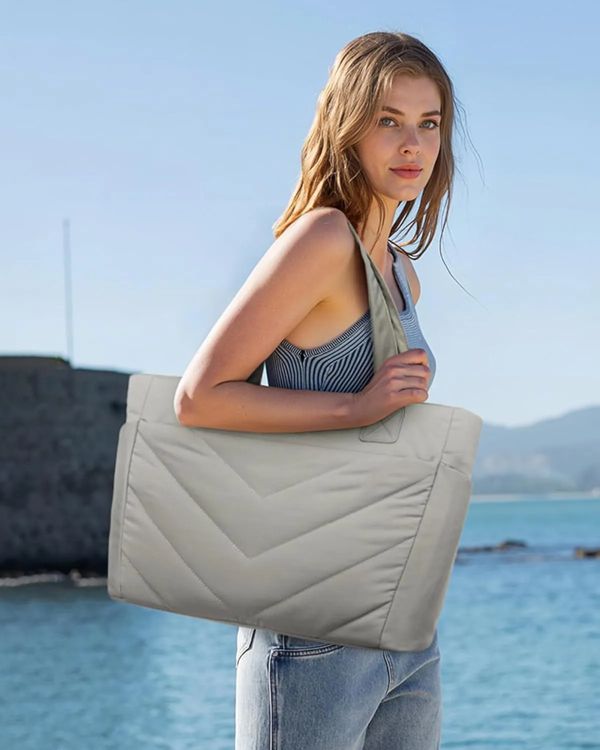 LOVEVOOK Tote Travel Bag for Women, Puffer Work Handbag with Zipper for Teacher Nurse, Quilted Laptop Shoulder Gym Bag Cute