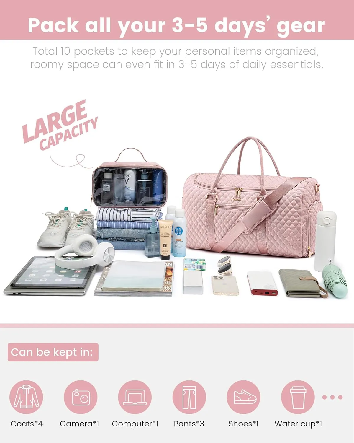 LOVEVOOK Travel Duffle Bag, 40L Weekender Overnight Bag with Toiletry Bag, Quilted Carry On Bag with Shoe Compartment, Gym Duffel Bag with Wet Pocket for Women, Hospital Bags for Labor and Delivery